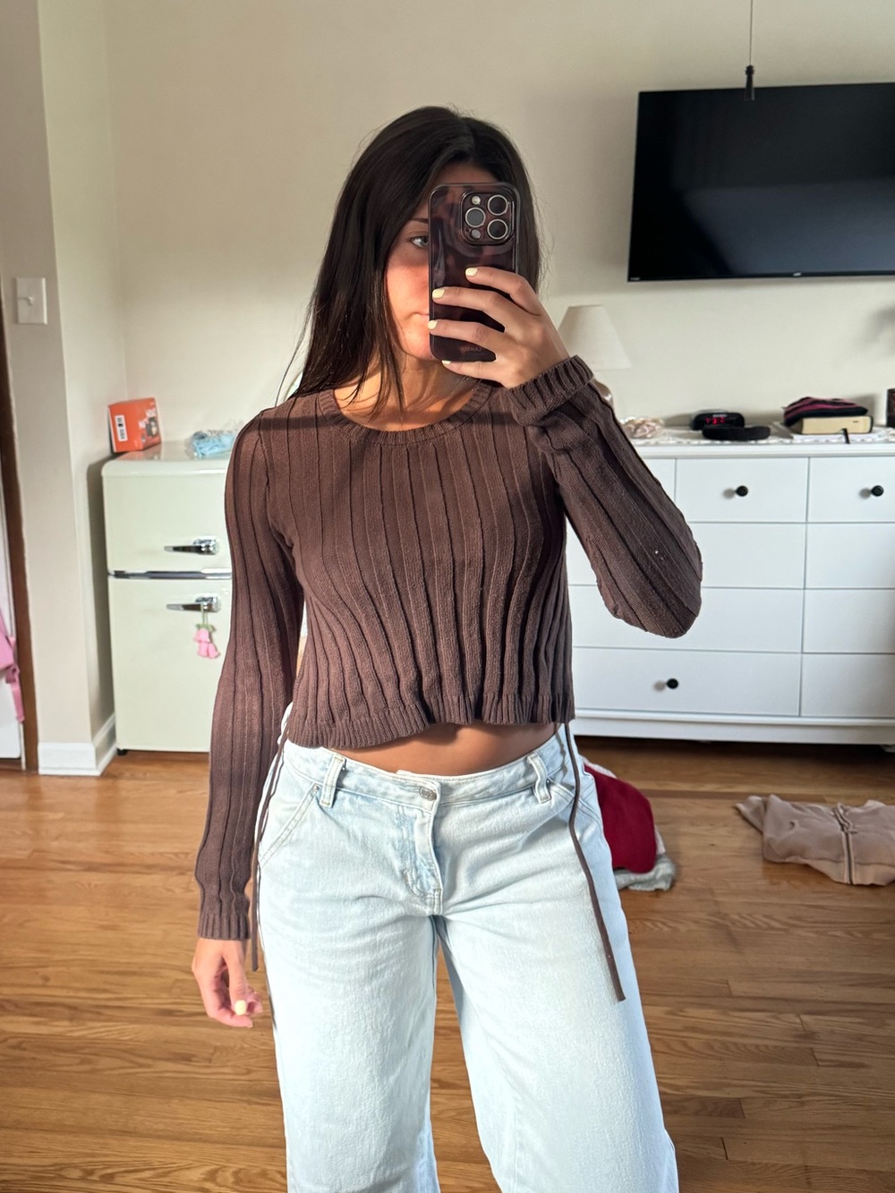 wild fable Brown Ribbed Long-Sleeve Crop Top